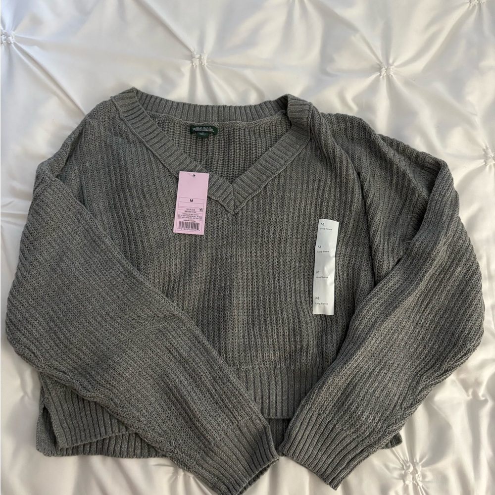 Gray V-Neck Cropped Women's Sweater
